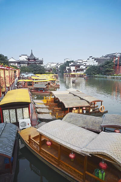 Tourists boats on canal, Fuzi Miao area, Nanjing, Jiangsu, China