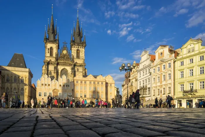 Framed Print : Tourists at famous Church of our lady before Tyn, Old Town of Prague, Prague, Bohemia