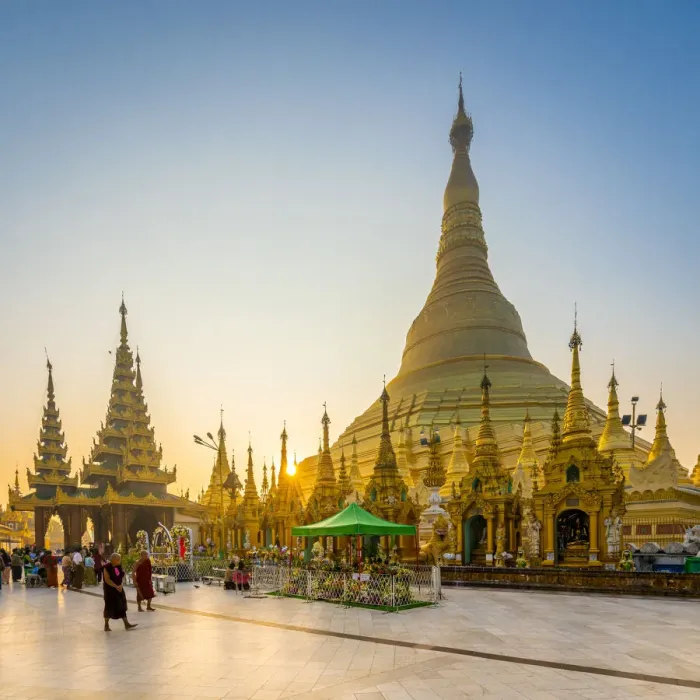 Framed Print : Tourists at golden Shwedagon Pagoda against clear sky at sunrise, Yangon, Yangon Region Framed Print : Tourists at golden Shwedagon Pagoda against clear sky at sunrise, Yangon, Yangon Region