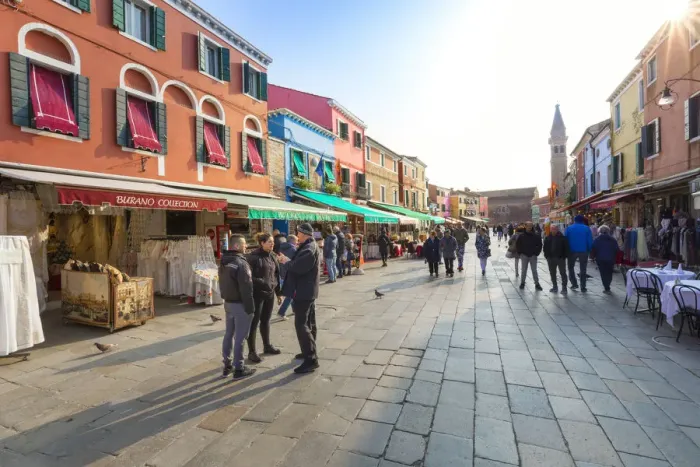 Framed Print : Tourists shopping, colorful stores and restaurants in Via Baldasarre Galuppi, Burano Framed Print : Tourists shopping, colorful stores and restaurants in Via Baldasarre Galuppi, Burano