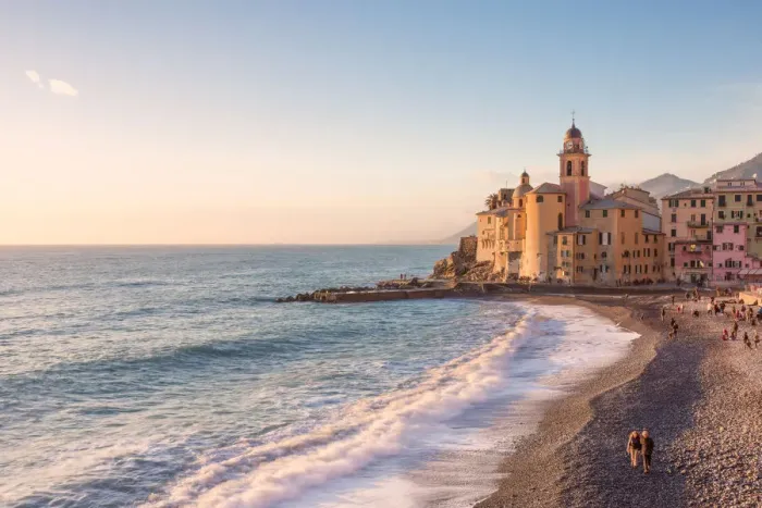 Framed Print : Tourists walking on the beach of Camogli at sunset, Gulf of Paradise, Portofino National
