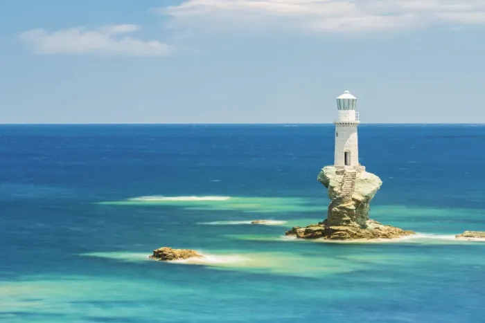 Framed Print : Tourlitis lighthouse, the first automatic offshore lighthouse in Greece, Andros, Cyclades