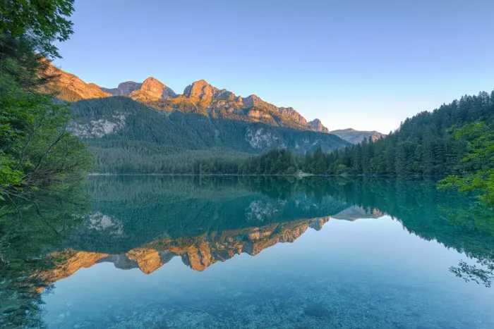 Framed Print : Tovel lake at sunrise Europe, Italy, trentino, Non valley, Ville d Anaunia Framed Print : Tovel lake at sunrise Europe, Italy, trentino, Non valley, Ville d Anaunia