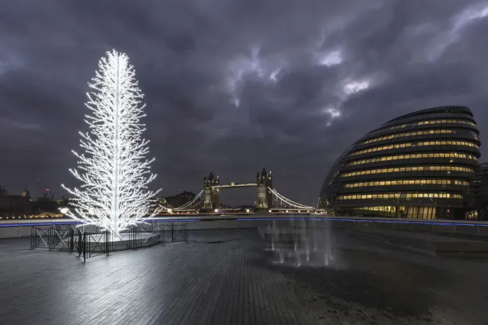 Framed Print : Tower Bridge and City Halll at night with a Christmas tree in the foreground, London Framed Print : Tower Bridge and City Halll at night with a Christmas tree in the foreground, London