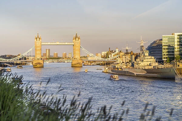 Tower Bridge, The River Thames and HMS Belfast, City of London, London, England, Uk