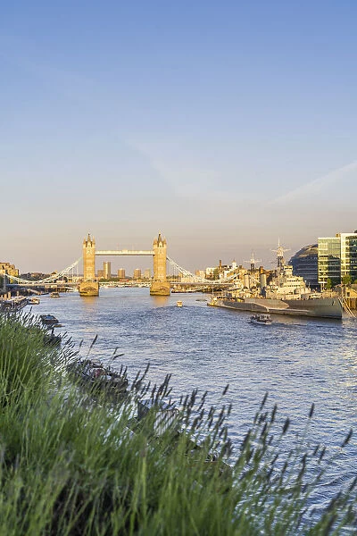 Tower Bridge, The River Thames and HMS Belfast, City of London, London, England, Uk