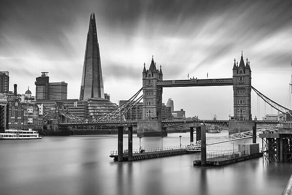 Tower Bridge, the Shard and boat docks, London, England, United Kingdom