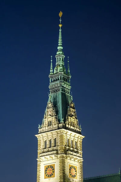 Tower of Hamburg Rathaus (City Hall) at night, Altstadt, Hamburg, Germany