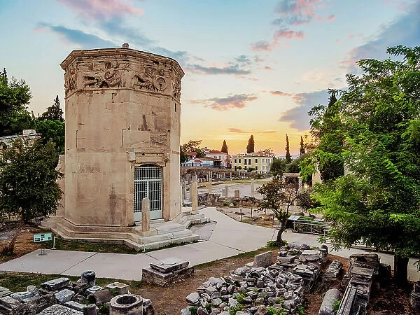 Tower of the Winds or Horologion of Andronikos Kyrrhestes at sunset, Roman Forum, Athens, Attica, Greece