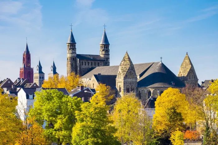 Framed Print : Towers of Basilica of Our Lady (Onze Lieve Vrouwebasiliek) in autumn, Mstricht, Limburg