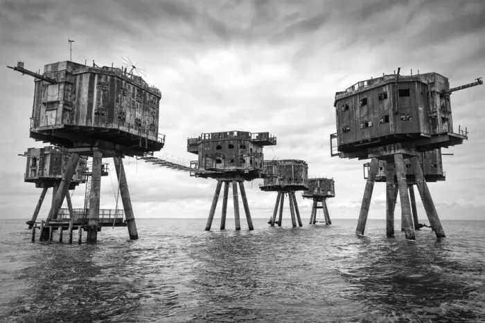 Framed Print : The towers of the Red Sands Fort - part of the decommissioned Maunsell Forts, the armed towers built in the Thames estuary to protect the Kent coast during the Second World War, near Whitstable, Kent, England Framed Print : The towers of the Red Sands Fort - part of the decommissioned Maunsell Forts, the armed towers built in the Thames estuary to protect the Kent coast during the Second World War, near Whitstable, Kent, England