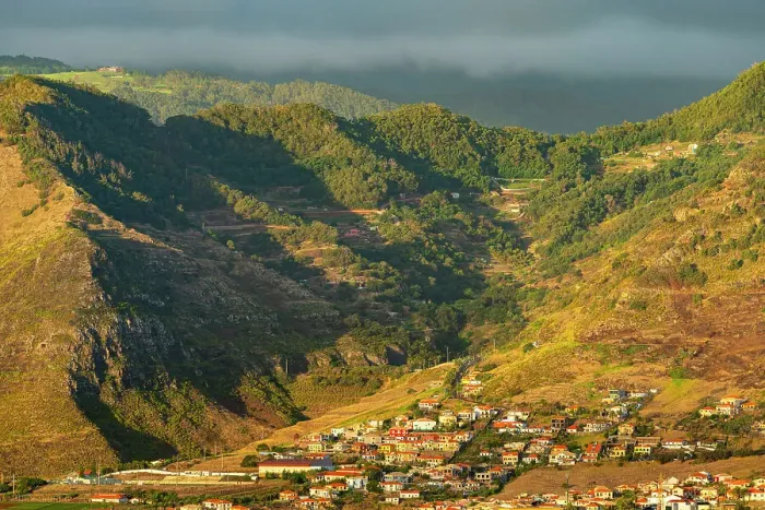 Framed Print : Town of Canical under mountains at sunrise, Machico, Madeira, Portugal