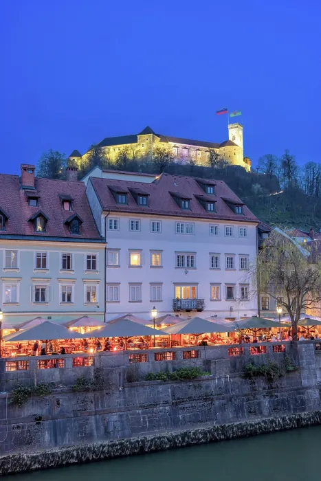 Framed Print : Town Centre, Restaurants and Ljubljana Castle at Dusk, Ljubljana, Slovenia, Eastern Europe Framed Print : Town Centre, Restaurants and Ljubljana Castle at Dusk, Ljubljana, Slovenia, Eastern Europe