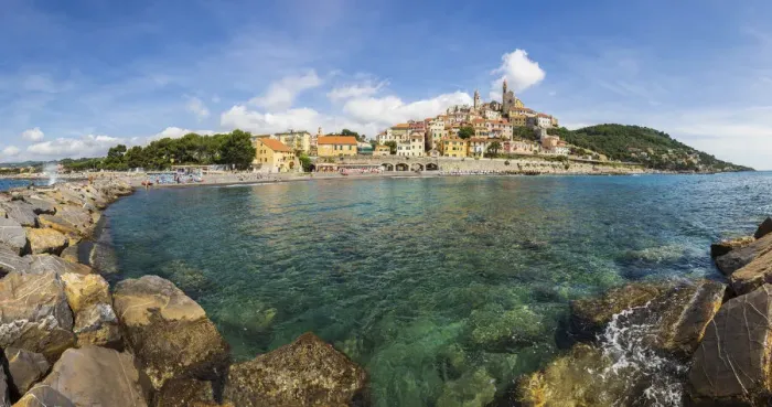 Framed Print : The town of Cervo and its beach. Liguria, Italy Framed Print : The town of Cervo and its beach. Liguria, Italy