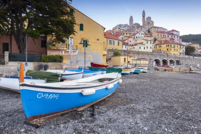 Framed Print : Town of Cervo and boat on its beach. Cervo, Imperia province, Ponente Riviera Framed Print : Town of Cervo and boat on its beach. Cervo, Imperia province, Ponente Riviera