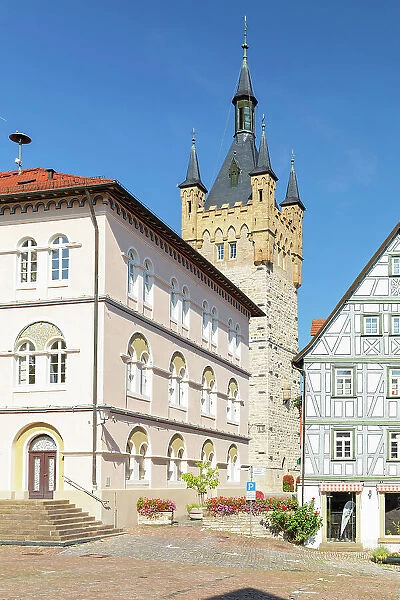 Town hall at the market square with Blue Tower, Bad Wimpfen, Neckartal Valley, Burgenstrasse, Baden-Wurttemberg; Germany