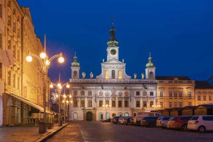Framed Print : Town hall at Namesti Premysla Otakara II. at twilight, Ceske Budejovice, South Bohemian Region, Czech Republic