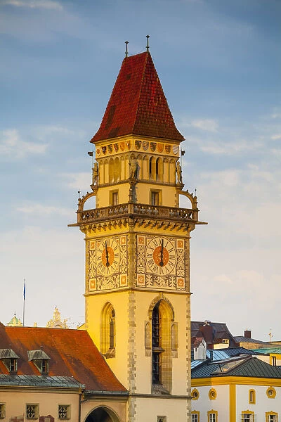 Town Hall (Rathaus) Clock Tower illuminated at sunrise, Passau, Lower Bavaria, Bavaria