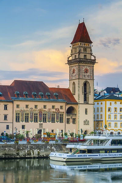 Town Hall (Rathaus) and The River Danube, Passau, Lower Bavaria, Bavaria, Germany