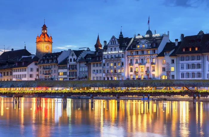 Framed Print : Town Hall and Reuss River at dusk, Lucerne, Switzerland Framed Print : Town Hall and Reuss River at dusk, Lucerne, Switzerland