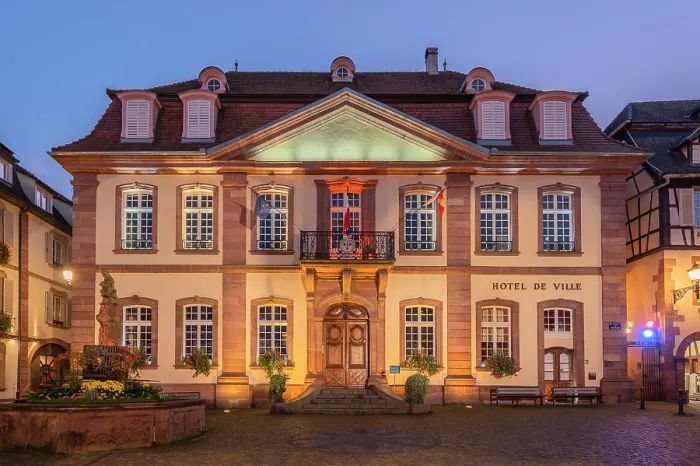 Framed Print : Town hall of Ribeauville at dusk, Alsace, Alsace Wine Road, Haut-Rhin, Grand Est, France