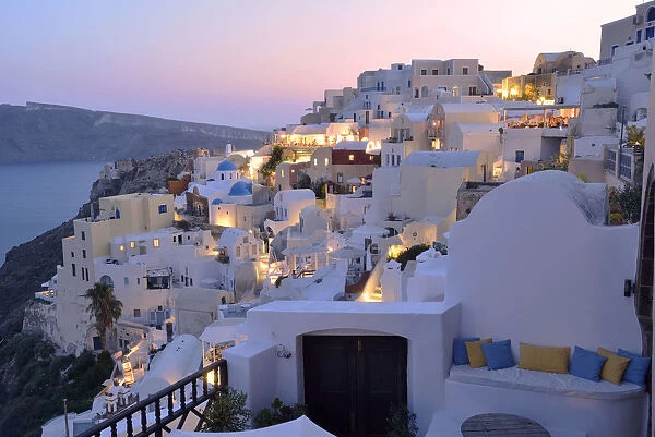 Town of Oia after sunset, Santorini, Kyclades, South Aegean, Greece, Europe