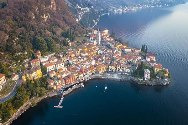 town of Varenna, Lake Como, at sunset in winter. Varenna, Lecco district, Lombardy, Italy