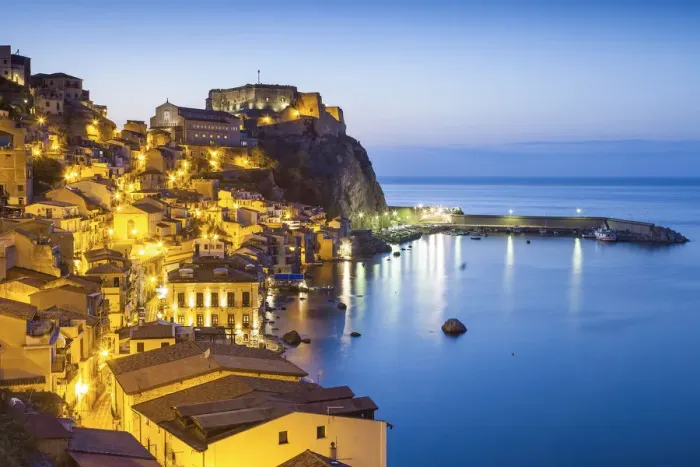 Framed Print : Town View at dusk, with Castello Ruffo, Scilla, Calabria, Italy Framed Print : Town View at dusk, with Castello Ruffo, Scilla, Calabria, Italy