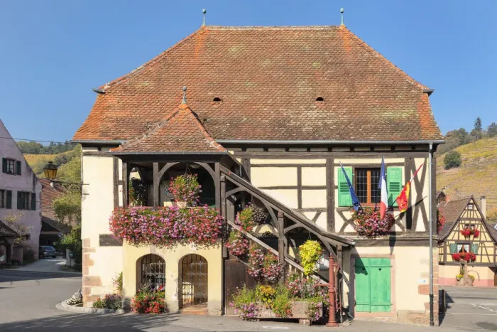 Framed Print : Townhall of Niedermorschwihr, Alsace, Alsatian Wine Route, Haut-Rhin, France Framed Print : Townhall of Niedermorschwihr, Alsace, Alsatian Wine Route, Haut-Rhin, France