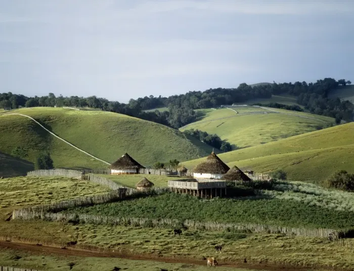 Framed Print : Traditional African houses surrounded by good pasture Framed Print : Traditional African houses surrounded by good pasture
