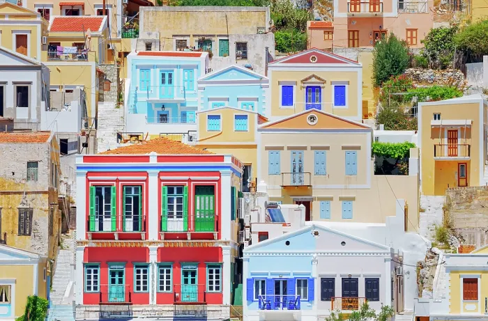 Framed Print : Traditional architecture, Gialos, Symi Island, Dodecanese Islands, Greece Framed Print : Traditional architecture, Gialos, Symi Island, Dodecanese Islands, Greece