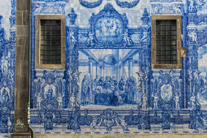 Framed Print : Traditional azulejos hand-painted tiles covering the exterior wall of the Capela das Framed Print : Traditional azulejos hand-painted tiles covering the exterior wall of the Capela das