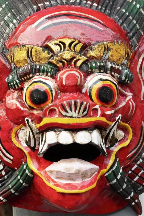 Framed Print : Traditional Barong mask used in dance ceremonies, Taman Ayun Temple, Bali, Indonesia