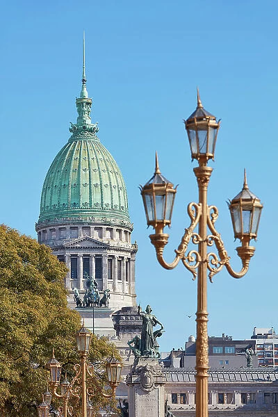 A traditional Buenos Aires street lamp in front of the Argentine National Congress dome, Monserrat, Buenos Aires, Argentina
