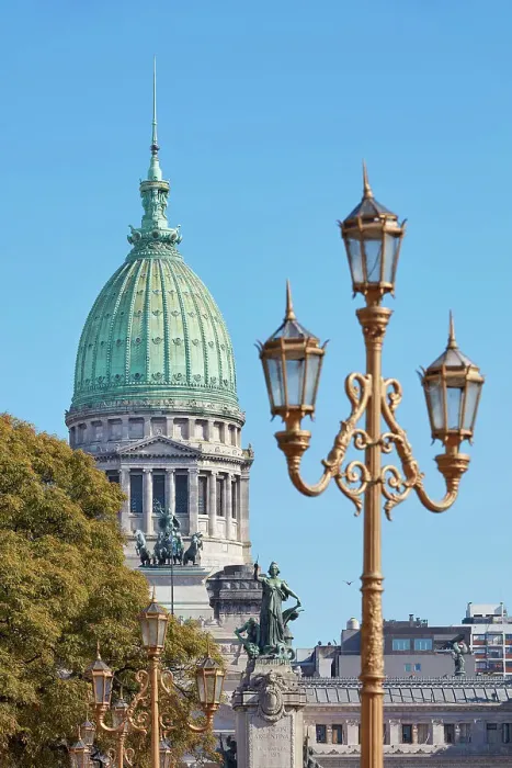 Framed Print : A traditional Buenos Aires street lamp in front of the Argentine National Congress dome, Monserrat, Buenos Aires, Argentina