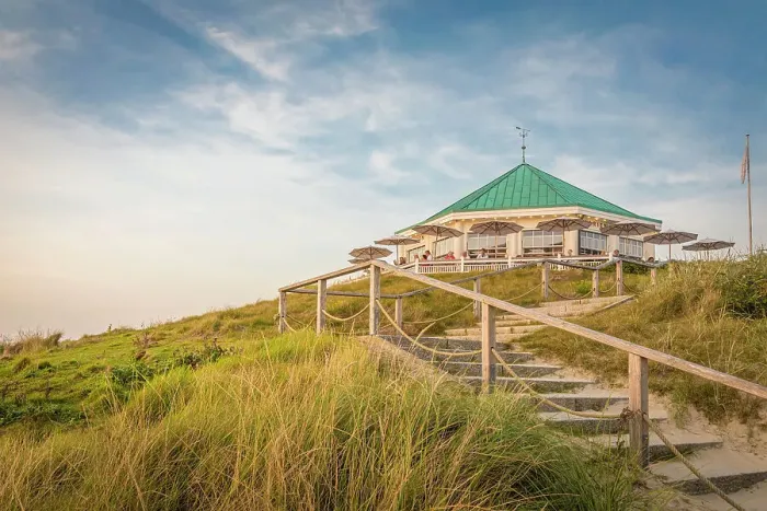 Framed Print : Traditional Cafe Marienhoehe on the western beach of Norderney at sunset, East Frisian Islands, East Frisia, Lower Saxony, Germany