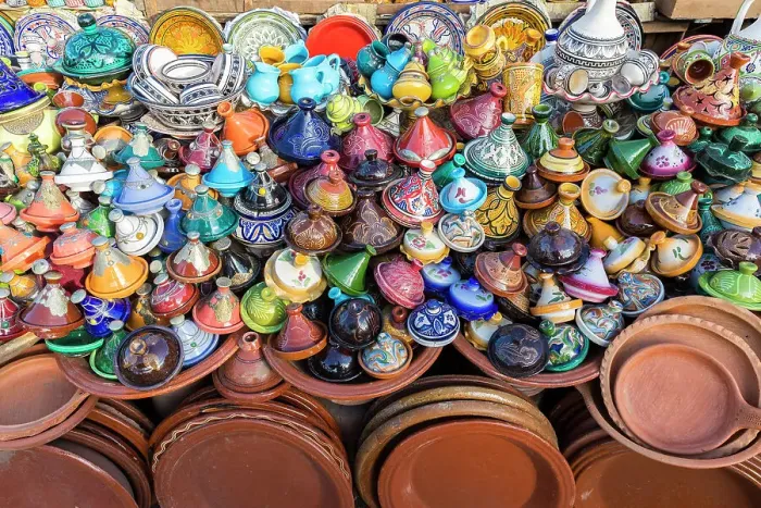 Framed Print : Traditional ceramics for sale at stall in medina, Meknes, Morocco Framed Print : Traditional ceramics for sale at stall in medina, Meknes, Morocco