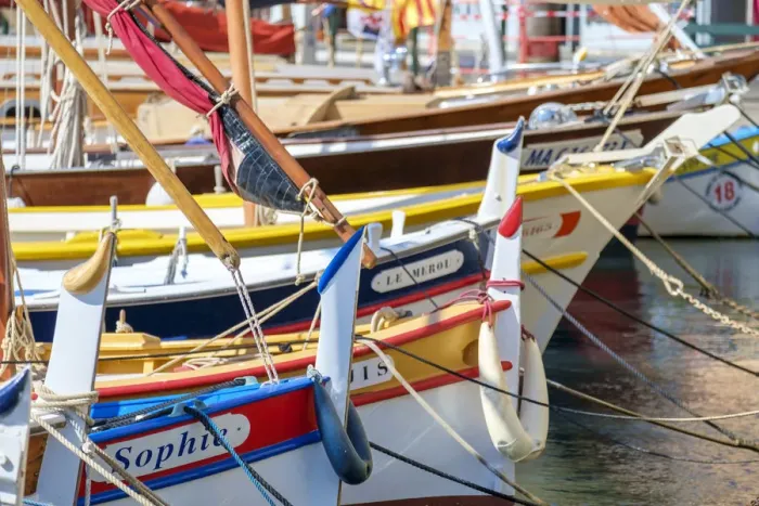 Framed Print : Traditional colorful wooden fishing boat in the port harbor at Sanary-sur-Mer, Var