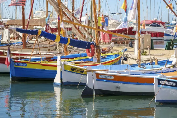 Framed Print : Traditional colorful wooden fishing boat in the port harbor at Sanary-sur-Mer, Var Framed Print : Traditional colorful wooden fishing boat in the port harbor at Sanary-sur-Mer, Var