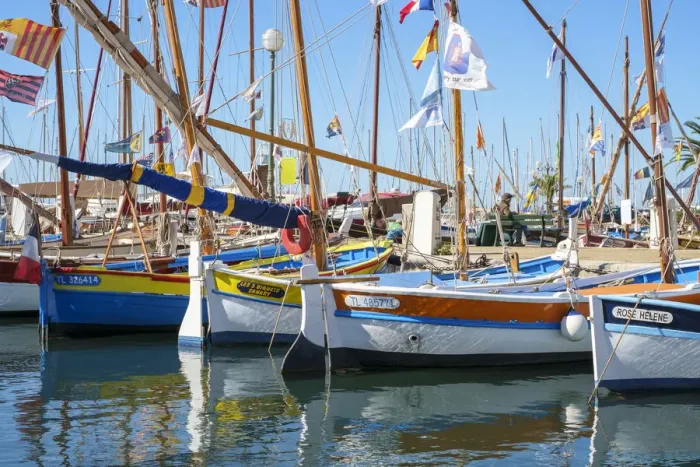 Framed Print : Traditional colorful wooden fishing boat in the port harbor at Sanary-sur-Mer, Var Framed Print : Traditional colorful wooden fishing boat in the port harbor at Sanary-sur-Mer, Var