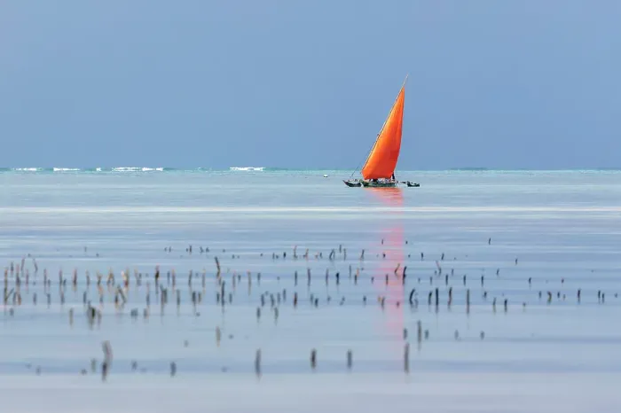 Framed Print : Traditional dhow with red sail. Jambiani, Zanzibar, Tanzania