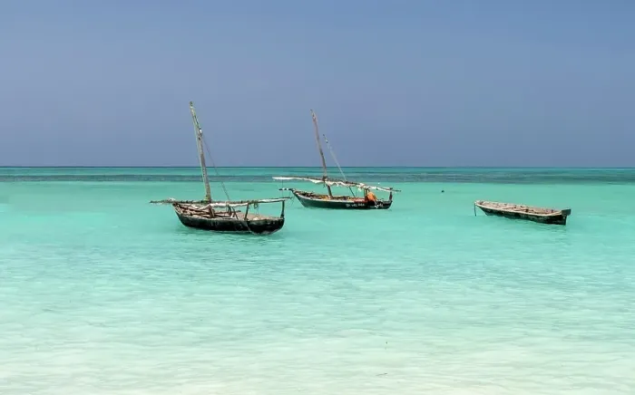 Framed Print : Traditional dhows moored in the sea, Nungwi, Zanzibar, Tanzania