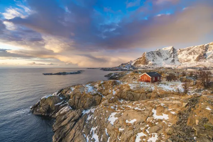 Framed Print : Traditional fishermen house in winter at dawn. Hamnoy, Nordland county, Northern Norway Framed Print : Traditional fishermen house in winter at dawn. Hamnoy, Nordland county, Northern Norway