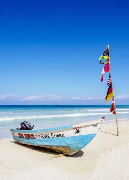 Framed Print : Traditional Fishing Boat at Seven Mile Beach, Long Bay, Negril, Westmoreland Parish