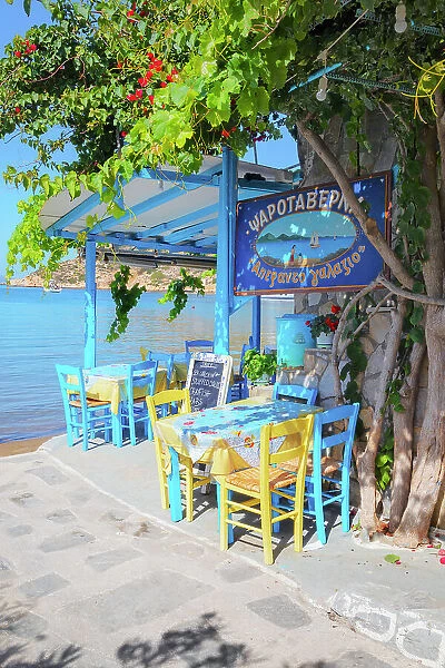 Traditional Greek taverna on the beach, Vathi, Sifnos Island, Cyclades Islands, Greece