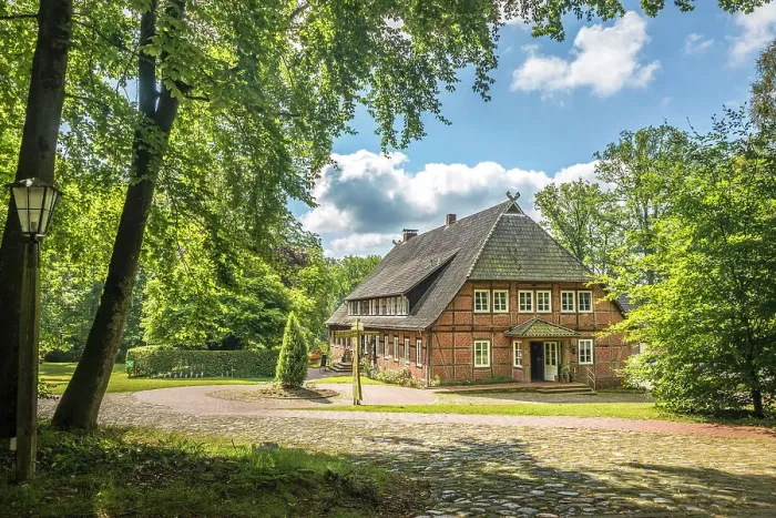 Framed Print : Traditional hotel Haverbeckhof in the village of Oberhaverbeck, Luneburg Heath, Lower Saxony, Germany Framed Print : Traditional hotel Haverbeckhof in the village of Oberhaverbeck, Luneburg Heath, Lower Saxony, Germany