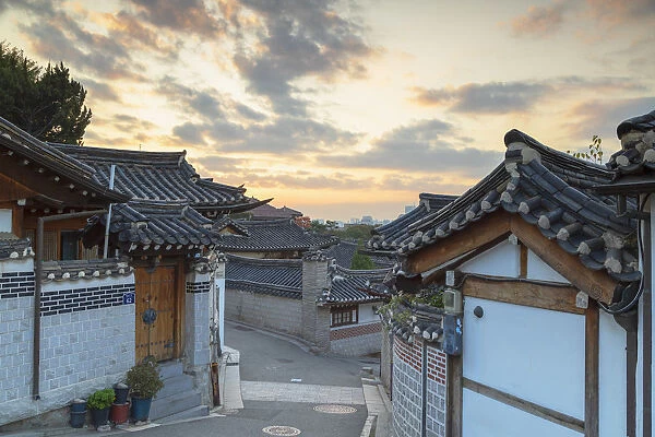 Traditional houses in Bukchon Hanok village at dawn, Seoul, South Korea