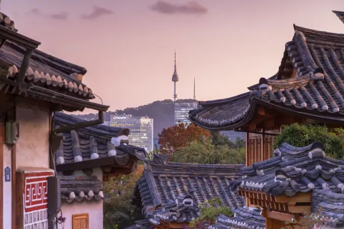 Framed Print : Traditional houses in Bukchon Hanok village and Namsan Seoul Tower at dusk, Seoul Framed Print : Traditional houses in Bukchon Hanok village and Namsan Seoul Tower at dusk, Seoul
