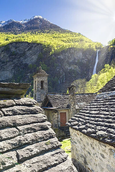 Traditional houses and church of Foroglio, Val Bavona, Canton of Ticino, Switzerland