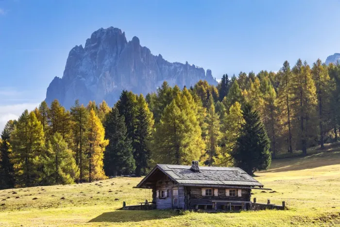 Framed Print : A traditional hut with the Sassolungo in the background